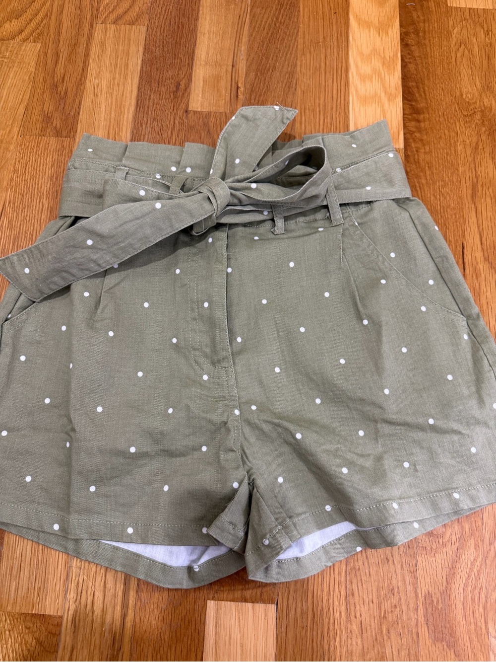 mine Olive Green with White Polka Dot High-Waist Tie Belt Shorts